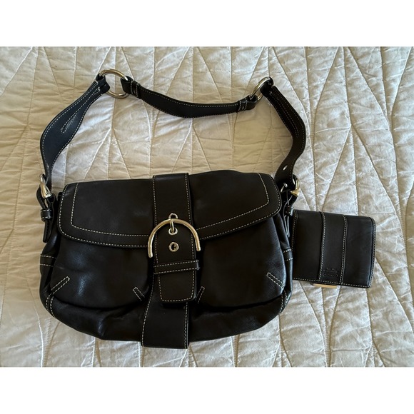 Coach Black Leather Satchel Shoulder Bag with Matching Coin Purse - Picture 1 of 7